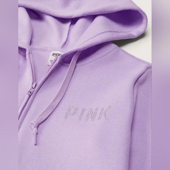 NEW Victoria's Secret PINK Fleece Zip Up Hoodie Purple Petal Glitter Logo - Picture 3 of 9